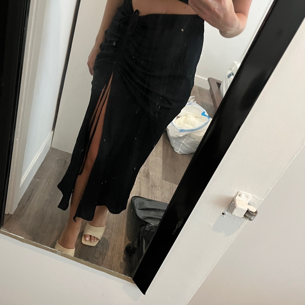 Black midi silk skirt